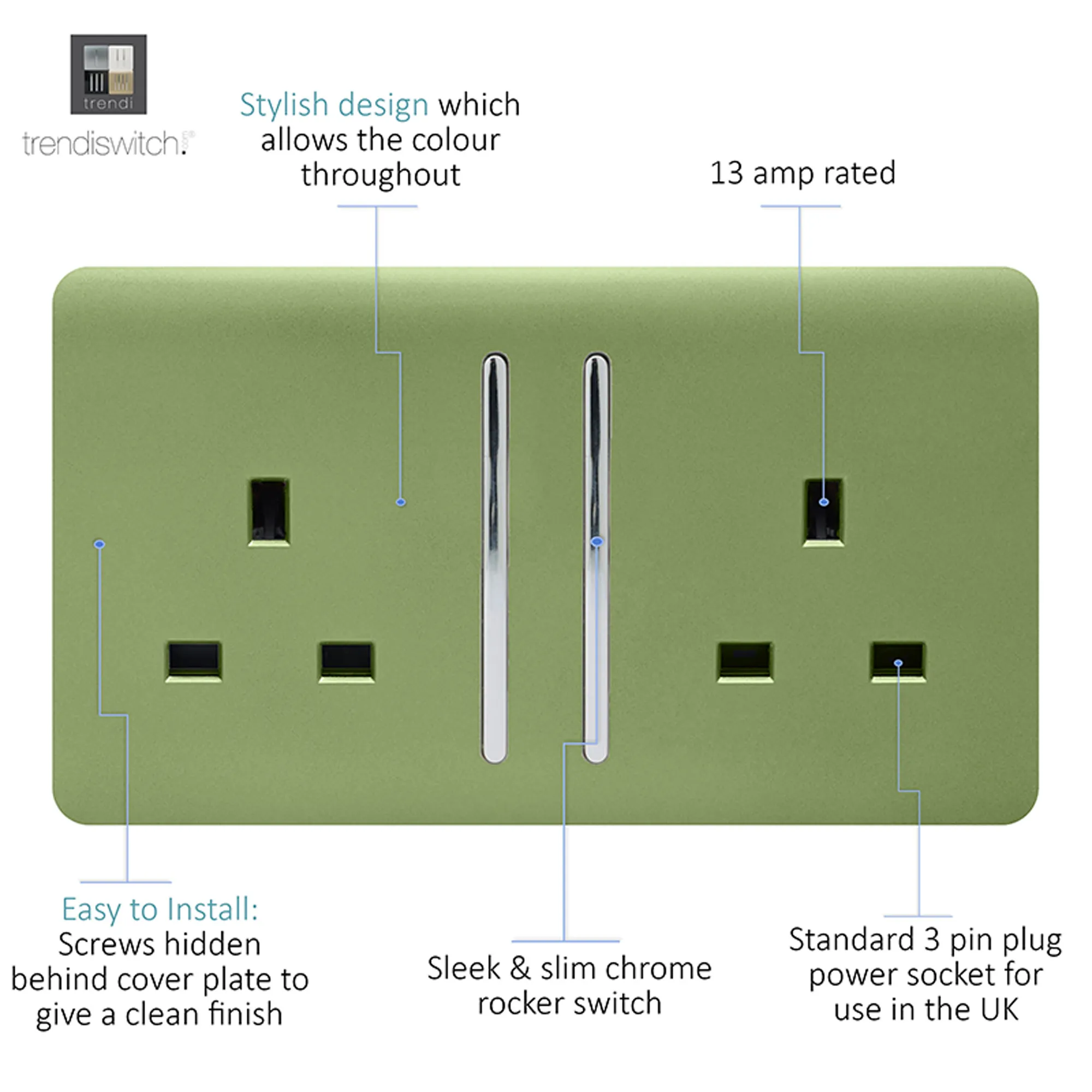 2 Gang 13Amp Long Switched Double Socket Moss Green ART-SKT213LMG  Trendi Moss Green